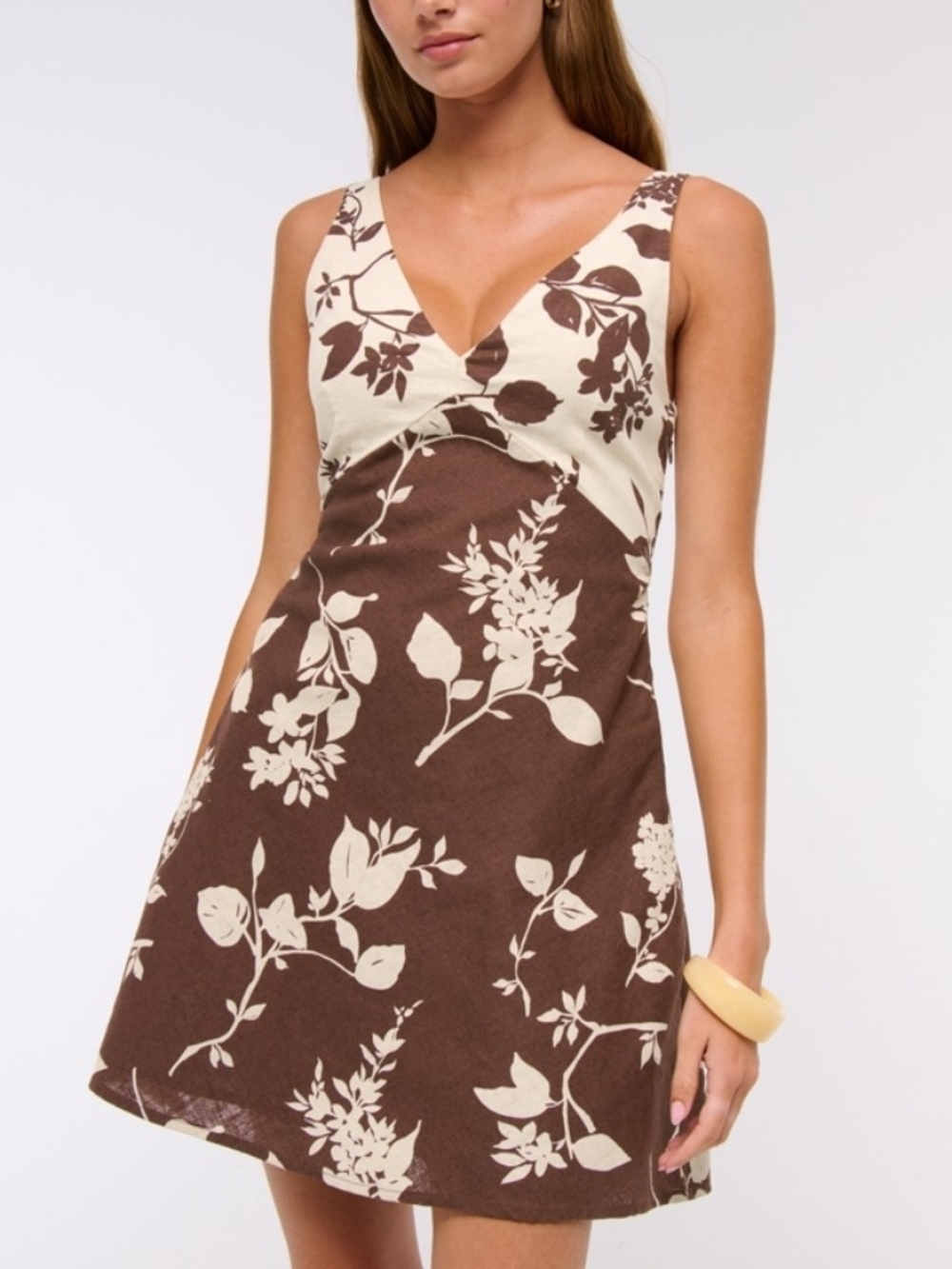 Abercrombie & Fitch V-neck Floral Linen Blend Mini Dress In Brown/White - M